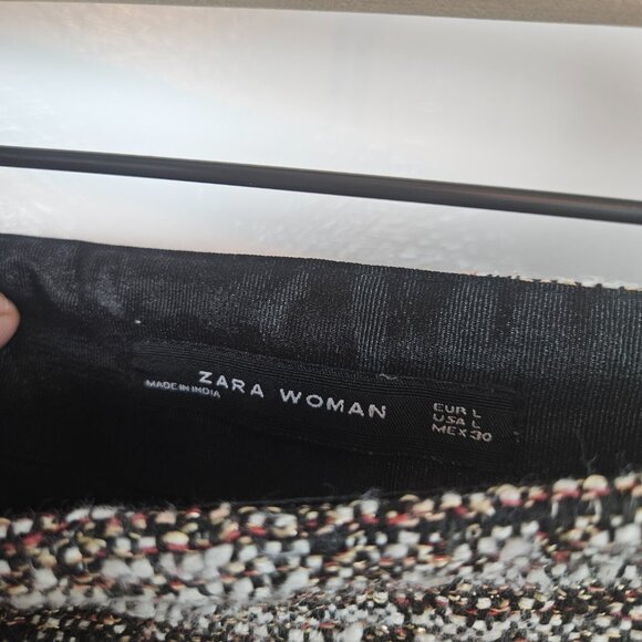 Zara Woman Tweed Woven Boho Mini Skirt Sz L Black Ivory Rust Rose - Picture 3 of 10